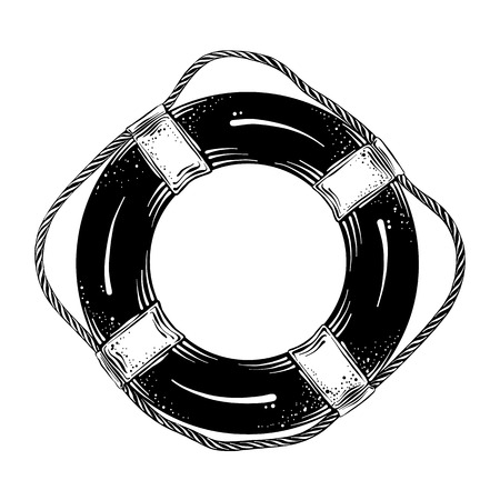 Hand drawn sketch of lifebuoy in black isolated on white background. Detailed vintage style drawing. Vector illustrationのイラスト素材