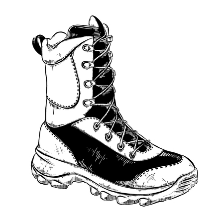 Hand drawn sketch of boot in black isolated on white background. Detailed vintage style drawing. Vector illustrationのイラスト素材