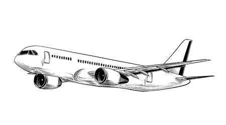 Hand drawn sketch of aircraft in black isolated on white background. Detailed vintage style drawing. Illustration for posters and print.のイラスト素材
