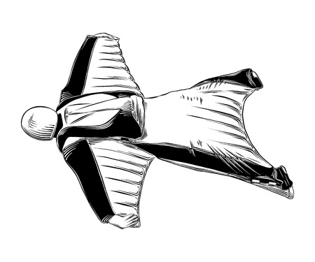 Hand drawn sketch of wingsuit in black isolated on white background. Detailed vintage style drawing. Vector illustrationのイラスト素材