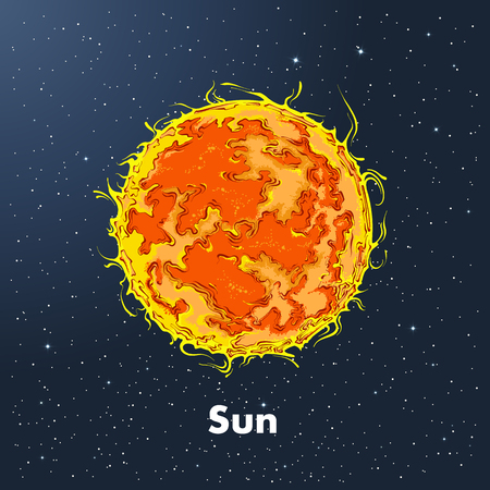 Hand drawn sketch of the sun in color, against a background of space. Detailed drawing in the style of vintage. Vector illustration.のイラスト素材