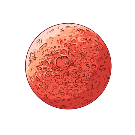Hand drawn sketch of planet mars in color, isolated on white background. Detailed drawing in the style of vintage. Vector illustration.のイラスト素材
