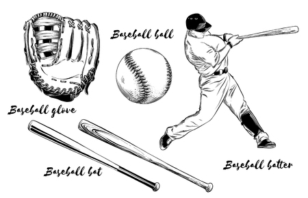 Isolated baseball set on white background. Hand-drawn elements such as baseball player, glove, bat and ball. Vector illustrationのイラスト素材