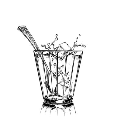 Cartoon hand drawn cup of tea with sugar cubes and spoon in black color. Isolated on white background. Drawing for posters, decoration and print. Vector sketch illustrationのイラスト素材