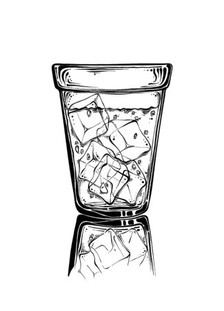 Hand drawn sketch glass with ice in black color. Isolated on white background. Drawing for posters, decoration and print. Vector illustrationのイラスト素材