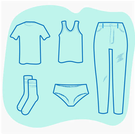 Fashion item icons, t shirt, socks, tank top, singlet, socks, jeans outlineのイラスト素材