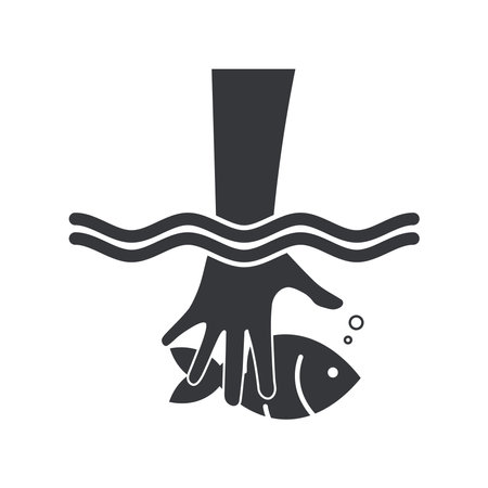 Isolated pictogram of hand touching fish in water, indicating safety warning not to touch fish in aquarium or pondのイラスト素材