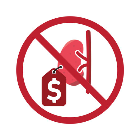 Isolated prohibition of a kidney for sale, featuring a price tag hanging from the organのイラスト素材