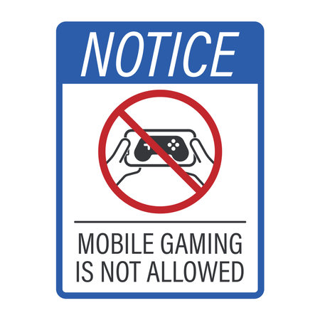 Isolated prohibition notice sign, forbidding mobile gaming, representing rules for schools, offices, and workplaces to maintain focusのイラスト素材