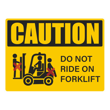 Printable label sticker of safety industrial sign of do not ride on back and front of a forlift, injury risk in yellow rectangle yellow and black caution signのイラスト素材
