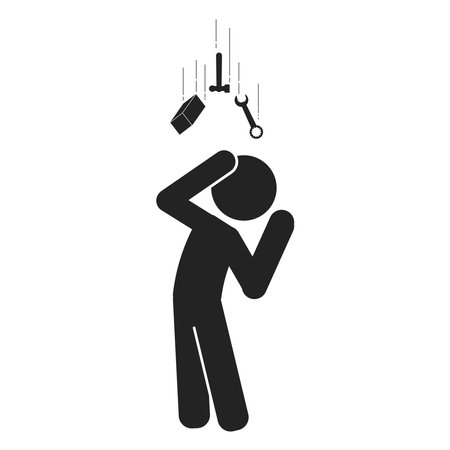 Isolated illustration of black pictogram safety sign hammer, wrench, steel block falling use for safety, danger, caution, alert falling objects sign in engineering workshop purposeのイラスト素材