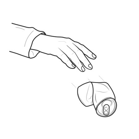 Isolated illustration outline hand drawing hand throw used aluminium soft drink can, for do not litter sign designのイラスト素材