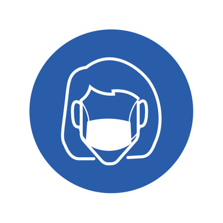 Isolated round blue sign of face mask is mandatory with female outline face for industrial safety signのイラスト素材