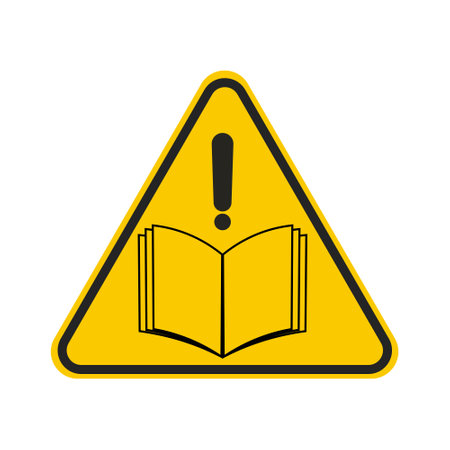 Isolated yellow triangle safety sign of read manual book instruction with exclamation mark and open document bookのイラスト素材