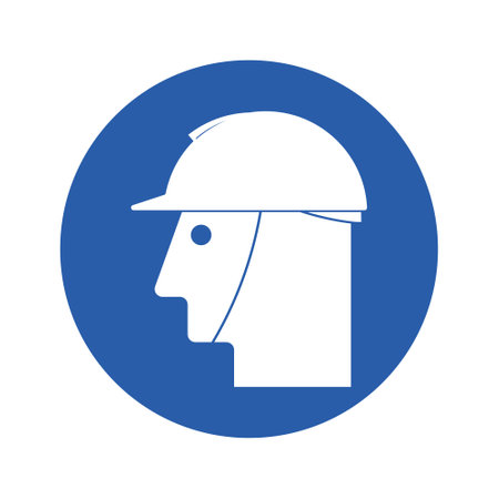 Isolated round blue instruction sign of mandatory to wear a helm, head helmet, head safety protection signのイラスト素材
