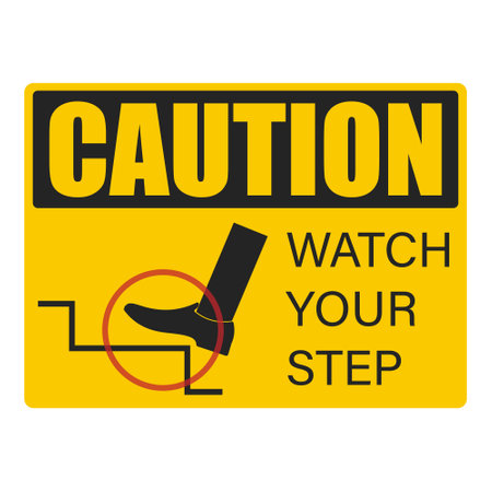 Isolated pictogram sign of watch your step with illustration man foot climbing up stairsのイラスト素材