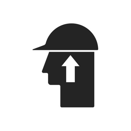 Isolated black pictogram of above worker, drop hazard, falling item, watch your head, overhead man at work with hemlet worder for safety contruction site, engineering signのイラスト素材