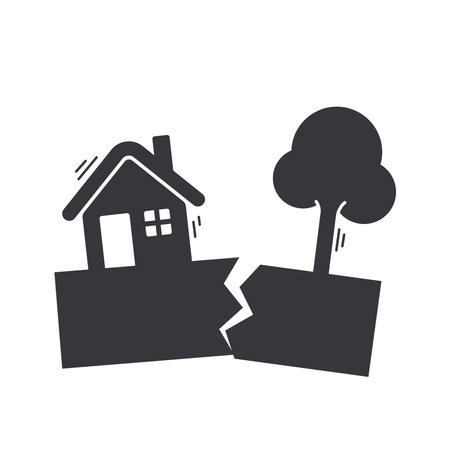 Isolated pictogram icon of an earthquake with illustrations of a house, tree, and cracked ground, symbolizing natural disasterのイラスト素材