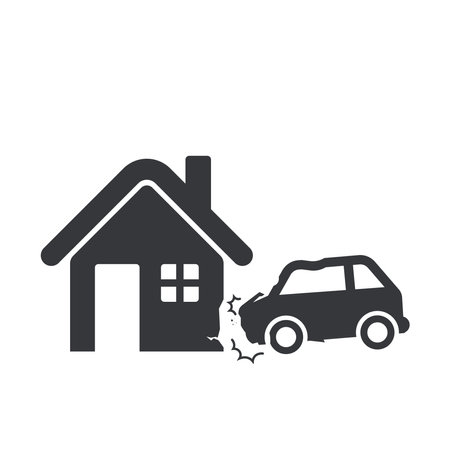 Isolated pictogram of car crashing into house wall, symbolizing vehicle accident, road safety warning, and reminder to drive carefullyのイラスト素材