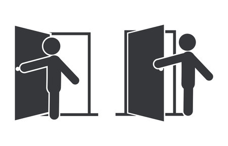 Bundle icon set of open door used in caution signs for "do not open the door" and "please close door" warningsのイラスト素材