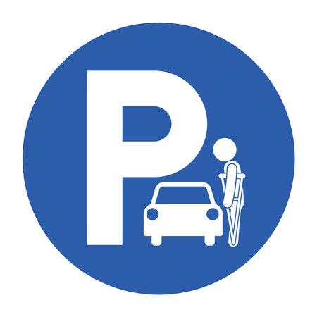 Isolated pictogram showing a priority parking icon for disabled individuals, featuring a large P, car, and person with crutchのイラスト素材