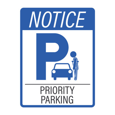 Isolated pictogram showing a priority parking icon for disabled individuals, featuring a large P, car, and person with crutchのイラスト素材