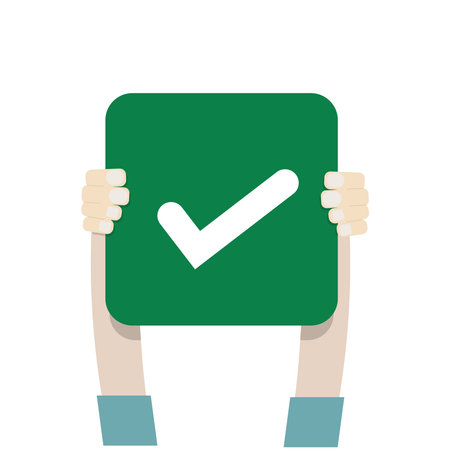 Isolated illustration of a hand holding a check mark, symbolizing correctness, right choice, and approval in a simple design.のイラスト素材