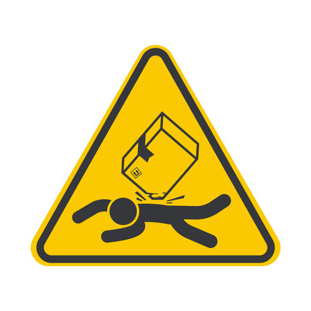 Isolated warning sign of falling cardboard boxes, reminding workers to stay alert and follow warehouse safety instructions and precautionsのイラスト素材