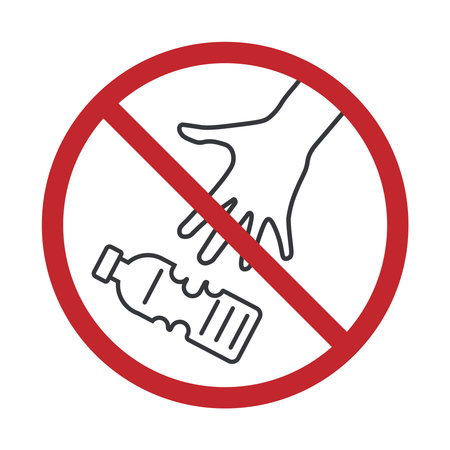 Isolated prohibition sign showing a hand discarding a used plastic bottle with a cross out, indicating no plastic waste disposal allowed.のイラスト素材