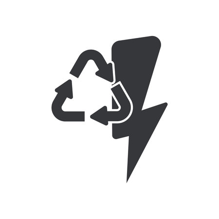 Isolated pictogram icon of electrical recycle symbol, featuring power reuse and electric lightning within a triangle recycle sign for sustainability awareness.のイラスト素材