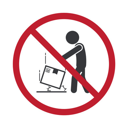 Isolated pictogram prohibition do not drop the box, cardboard package falling to the floor, symbolizing fragile goods and handle with extra care.のイラスト素材