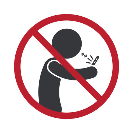 Isolated prohibition sign warning not to use phone too close to face, promoting safe distance to prevent eye strain and radiation exposure.のイラスト素材