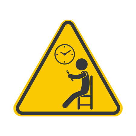 Isolated caution sign to reduce mobile phone screen time, with clock and phone icon, promoting digital wellbeing and eye health awareness guidance.のイラスト素材