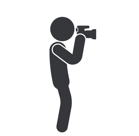 Isolated pictogram of a person using a professional digital camera (DSLR) to take photos, symbolizing photography, capturing moments, and creative visual work.のイラスト素材