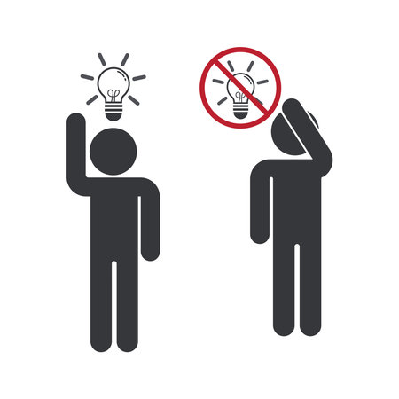 Bundle of isolated pictograms featuring a glowing bulb symbolizing idea and a prohibition sign representing no idea.のイラスト素材