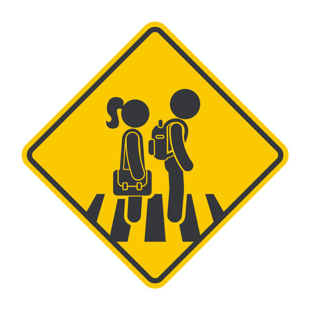 Isolated diamond traffic sign showing school zone warning with student pictogram, used for alert signs to drive slowly and watch for children.のイラスト素材