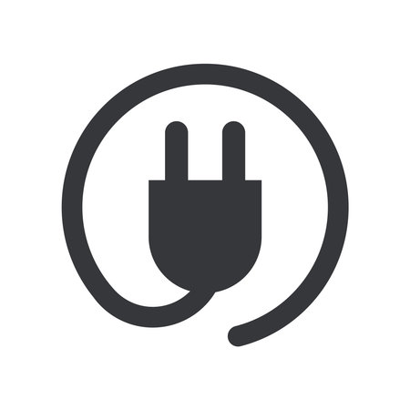 Isolated pictogram of electric plug inside a circular outline, representing electricity, energy, power connection, charging, technology, utility, and electrical safety concepts.のイラスト素材