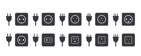 Bundle set of electric sockets and plug icons, featuring multiple types including Europe, Asia, US, UK, and international standards for universal power connection illustrations.のイラスト素材