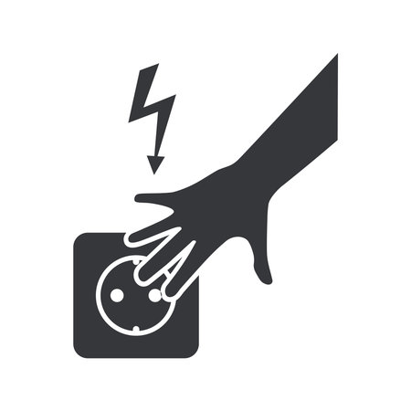 Isolated pictogram of hand touching electric socket icon, used as safety warning sign for home, public places, factory, electricity, and accident prevention.のイラスト素材