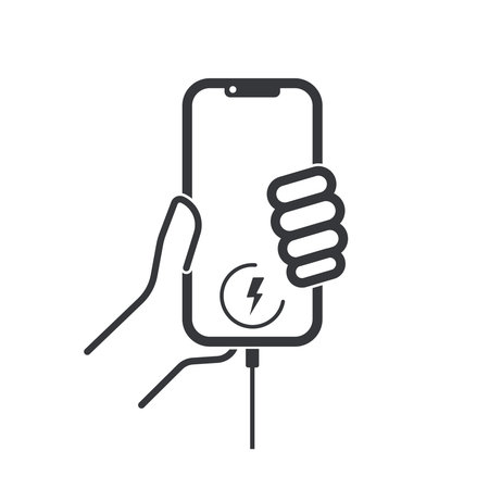 Isolated pictogram of phone charger icon with lightning bolt and usb  cable, representing energy, electricity, power, battery, and charging devices.のイラスト素材
