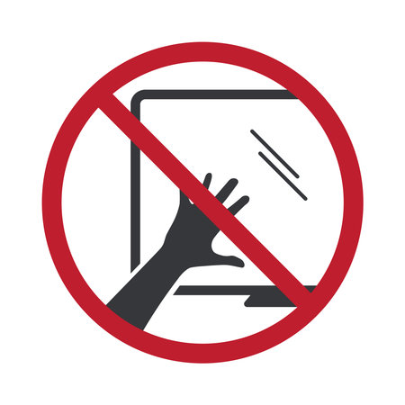 Isolated prohibition sign with prohibition symbol and text please do not touch monitor or TV screen, warning safety label for office, shop, and public areas.のイラスト素材