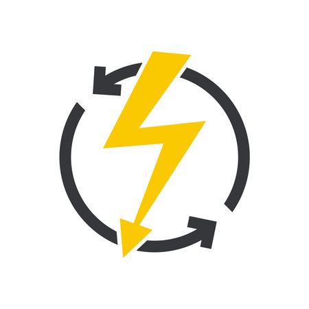 Isolated pictogram icon of electricity with lightning bolt and circular recycle sign, symbolizing renewable energy, alternative power, recyclable resources, and eco sustainability.のイラスト素材