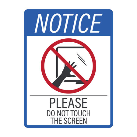 Isolated prohibition sign with prohibition symbol and text please do not touch monitor or TV screen, warning safety label for office, shop, and public areas.のイラスト素材