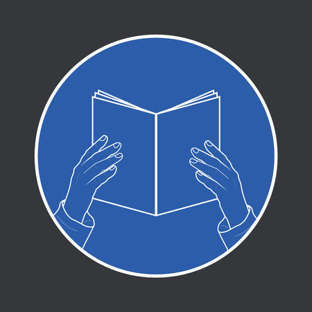 Isolated notice label sticker icon with open book, instruction sign for safety guidance, please read and understand manual book carefully before using.のイラスト素材