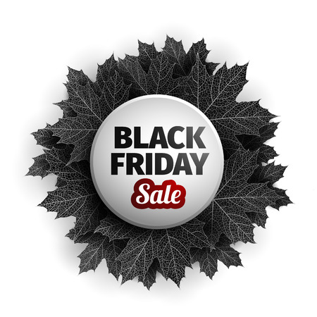 3d black Friday sale tag design. Black realistic autumn leaves.のイラスト素材