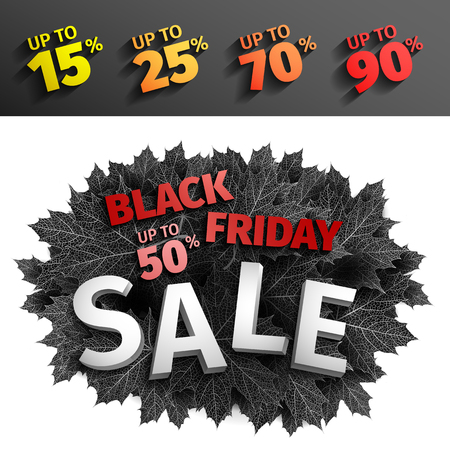 3d black friday sale tag design. Black realistic autumn leaves.のイラスト素材