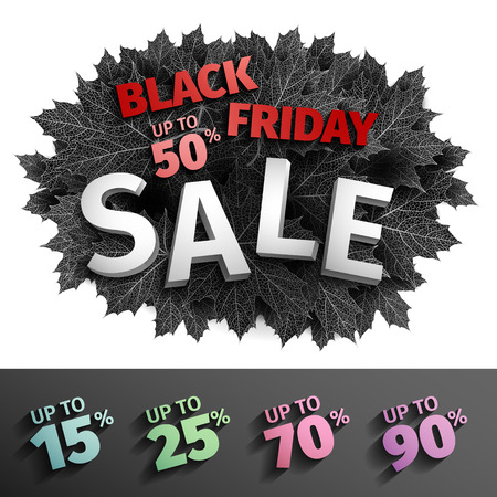 3d black friday sale tag design. Black realistic autumn leaves.のイラスト素材