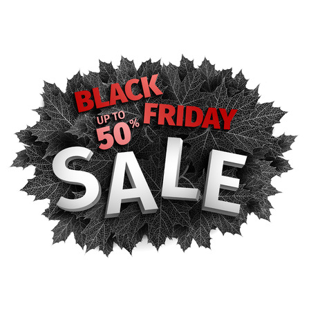 3d black friday sale tag design. Black realistic autumn leaves.のイラスト素材