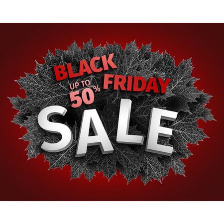 3d black friday sale tag design. Black realistic autumn leaves.のイラスト素材