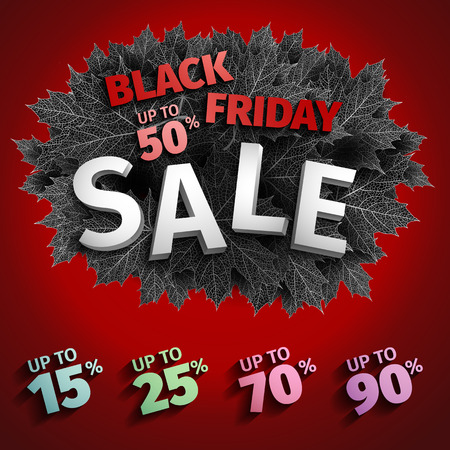 3d black friday sale tag design. Black realistic autumn leaves.のイラスト素材